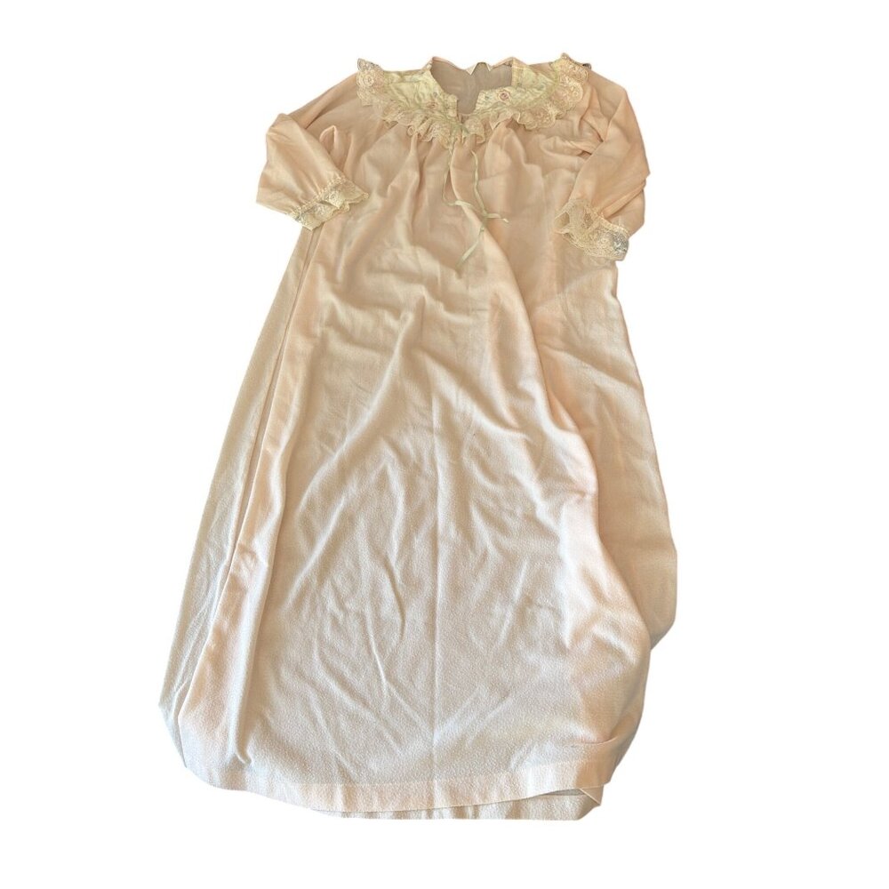 Vintage Komar Pink Long Nightgown Lace Trim & Embroidered Details Made‎ In USA